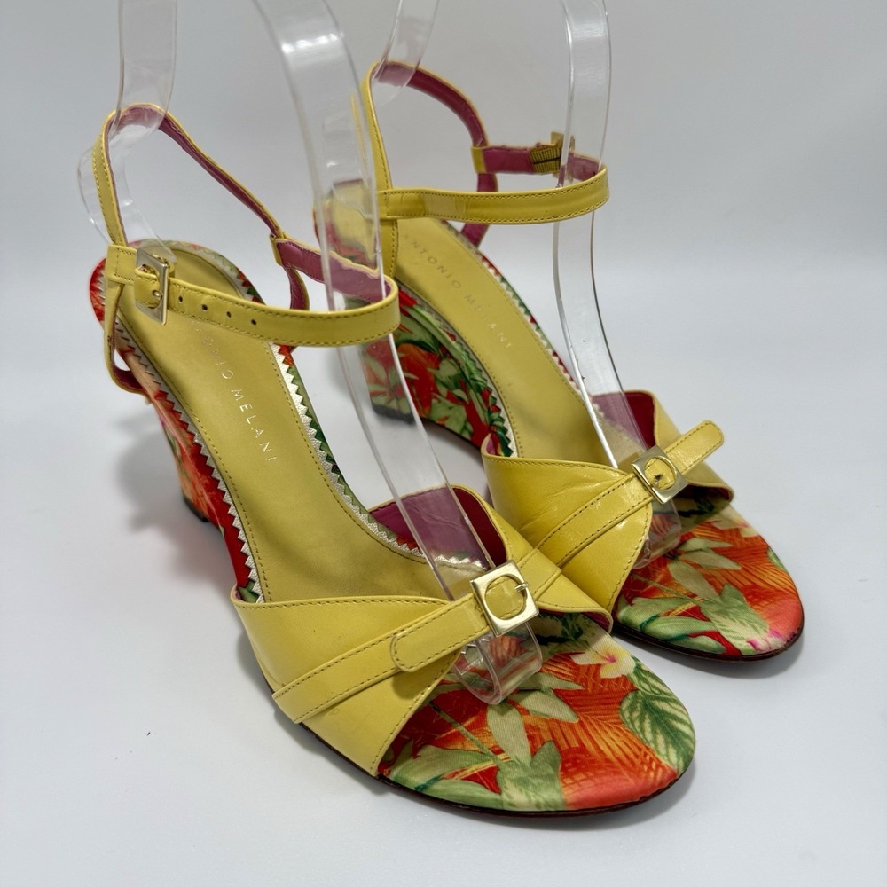 Antonio Melani Cougar Yellow Tropical Wedge Leather Sandals Made In Brazil 8M